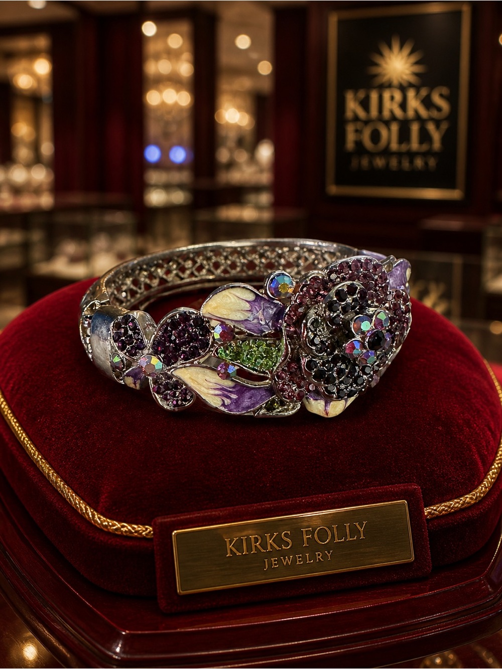 Kirks Folly floral hinged cuff bracelet purple enamel and AB purple crystals
